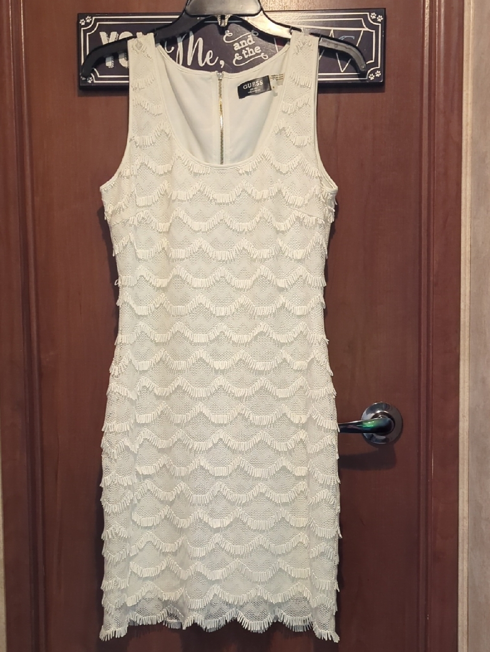 GUESS Cream Fringe Scoop Neck Mini Dress